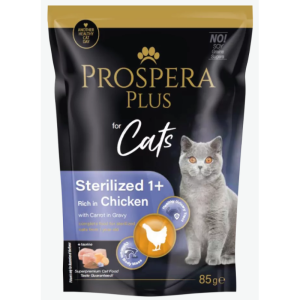 Prospera Plus, Cat Pouch Sterilized 1+, Chicken and Carrot konservi sterilizētiem kaķiem vista ar burkāniem mērcē 85g