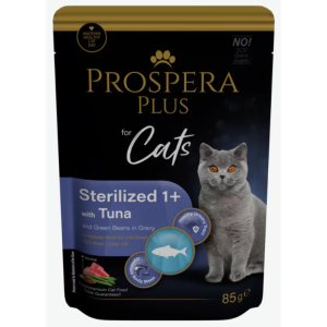 Prospera Plus, Cat Pouch Sterilized 1+, Tuna and Beans konservi sterilizētiem kaķiem tuncis ar zaļām pupiņām 85g