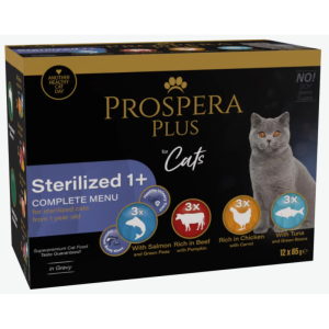 Prospera Plus, Cat Pouch Sterilized 1+, Mix konservi sterilizētiem kaķiem mix 12x85g