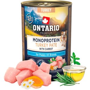 Ontario Dog Puppy Canned Food Monoprotein Turkey Pate With Carrots konservi kucēniem ar tītara gaļu un burkāniem 400g