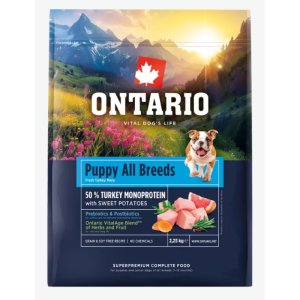Ontario Puppy and Junior All Breeds Monoprotein Turkey and Sweet Potatoes barība visu šķirņu kucēniem ar tītaru gaļu un saldajiem kartupeļiem 2.25kg