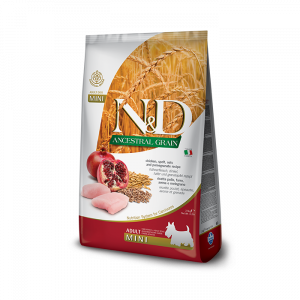 N&D NATURAL & DELICIOUS ND Dog Ancestral grain Chicken & Pomegranate Adult Small sausā barība mazo šķirņu pieaugušiem suņiem 2.5kg