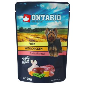 Ontario Dog Pork With Chicken In Broth konservi suņiem ar cūkgaļu un vistu buljonā 100g