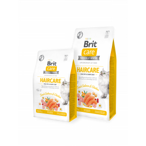 Brit Care Cat GF Haircare Healthy & Shiny Coat bezgraudu barība kaķiem ar lasi un vistu 400g