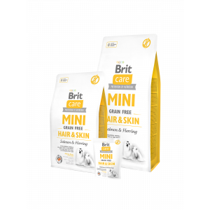 Brit Care Mini Hair&Skin sausā bezgraudu barība mazo šķirņu suņiem ar lasi un siļķi 7kg