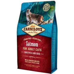 CARNILOVE Salmon Adult Cat Sensitive & Long Hair bezgraudu sausā barība kaķiem ar lasi 6kg