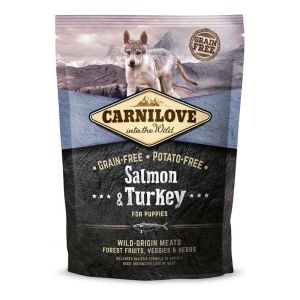 CARNILOVE Salmon & Turkey Puppy bezgraudu barība visu šķirņu kucēniem lasis/tītars 1.5kg 