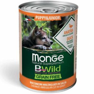 Monge BWild chunkies in gravy Puppy Duck with Pumpkin and Zucchini konservi kucēniem ar pīli, ķirbi un cukīni 400g