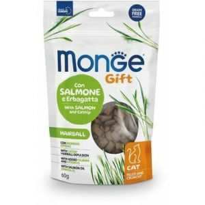 MONGE GIFT Cat FILLED & CRUNCHY Hairball Salmon and catnip kārums kaķiem ar lasi 60g