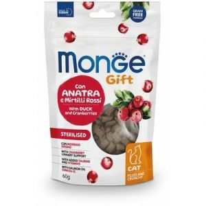MONGE GIFT Cat FILLED & CRUNCHY Sterilsed Duck and cranberries kārums kaķiem ar pīli 60g