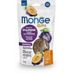 MONGE GIFT Cat MEAT MINIS Hairball Salmon with plum kārums kaķiem ar lasi 50g