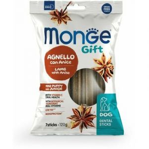 MONGE GIFT Dog DENTAL STICK Puppy & Junior Mini Lamb with anise kārums kucēniem ar jēra gaļu un anīsu zobu tīrīšanai 120g