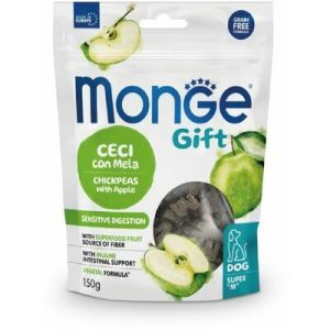 MONGE GIFT Dog SUPER M Sensitive digestion Chickpeas with apple sausā barība suņiem ar turku zirņiem un āboliem 150g