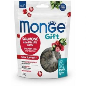 MONGE GIFT Dog SUPER M Skin support Salmon with cranberries kārums suņiem ar lasi un dzērvenēm 150g